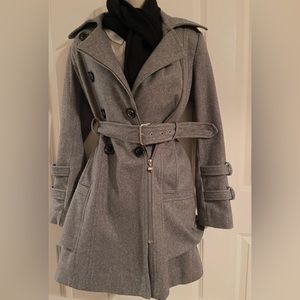 GUESS Double Breasted Belted Coat Wool Blend Women Gray